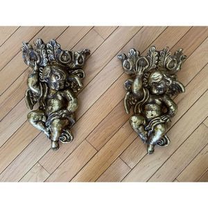 Vintage Black Bronze Antique Cherub Wall Sconce Planters